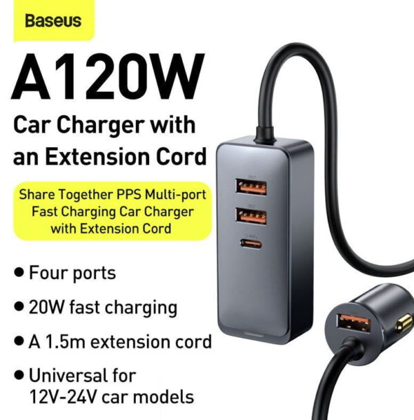 Baseus Share Together PPS multi-port Fast charging car charger with extension cord 120W 3U+1C Gray - Image 2