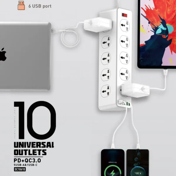 Ldnio SC10610 30W 6-Port USB Charger Power Extension With 10*Outlets / 5 *USB / 1 * PD USB-C - Image 3