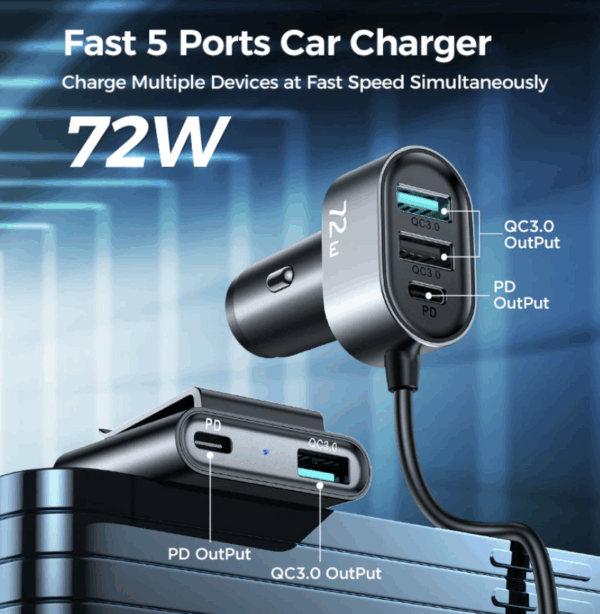 JR-CL05 5 multi-port (2 PD + 3 QC3.0) fast car charger - Image 2