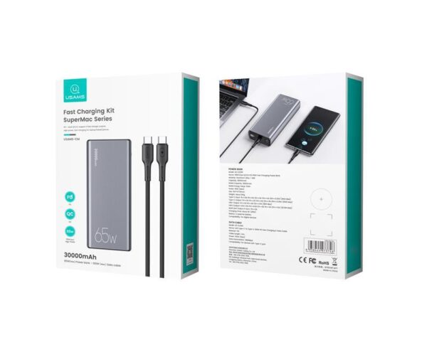 USAMS PB59 65W Fast Charging Power Bank 30000mAh+ U43 100W Type-C to Type-C PD Cable - Image 3