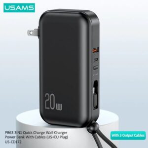 USAMS US-CD172 PB63 3IN1 Quick Charge Wall Charger Power Bank With Cables (US+EU Plug) 10000mAh