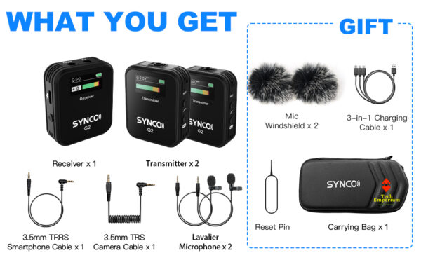 SYNCO G2(A2),2.4G Wireless Lavalier Microphone System Dual Transmitter & 1 Receiver Lapel mic for Vlogging Streaming YouTube go wirelessly on Camera Smartphone Tablet, SYNCO-G2-Wireless-Go-Microphone - Image 4