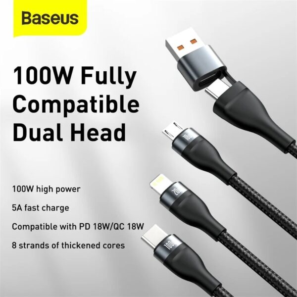 BASEUS Flash Series Two-for-Three Fast Charging Data Cable U+C to Micro+Lightning+Type-C 100W Charging Cable, 1.2M - Image 2